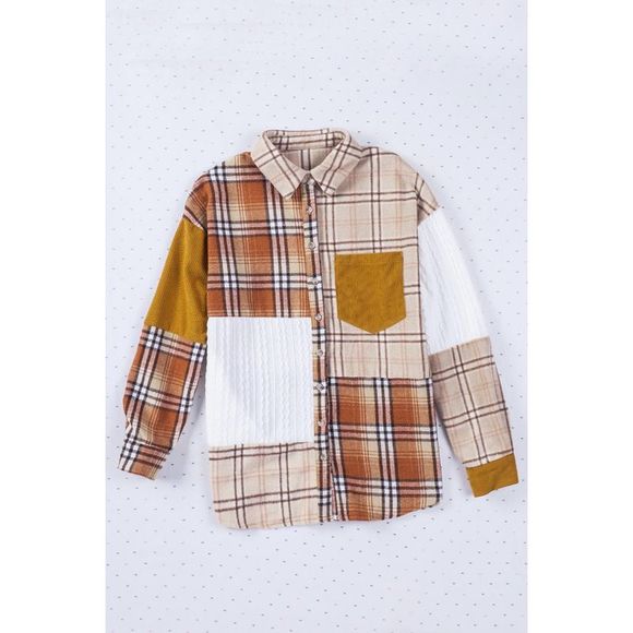 Azura Exchange  Orange Plaid Color Block Patchwork Shirt Jacket with Pocket - Picture 10 of 15